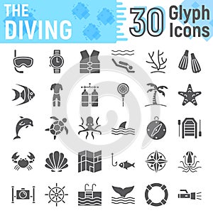 Scuba diving glyph icon set, underwater symbols