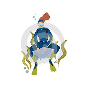 Scuba diving hobby flat vector illustration. Female diver resting at ocean bottom cartoon character. Active recreation