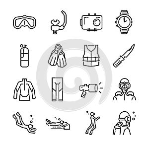 Scuba diving icon set. Included the icons as underwater, scuba diver, mask, fins, regulator, wetsuit and more.