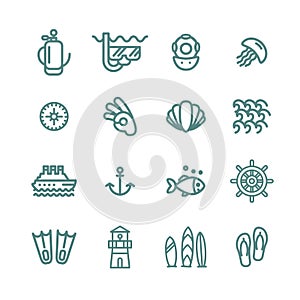 Scuba diving icon set. Underwater, scuba diver, mask, fins, regulator, wetsuit and more.