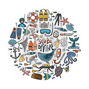 Scuba Diving icons set. Underwater activity design elements. Summer vacation concept, marine icons. Diving equipment
