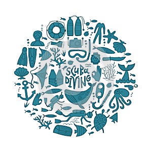 Scuba Diving icons set. Underwater activity design elements. Summer vacation concept, marine icons. Diving equipment