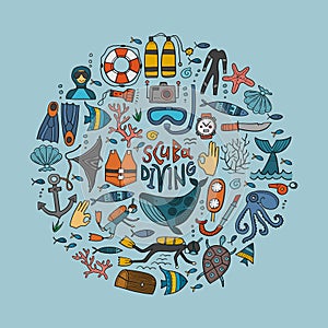 Scuba Diving icons set. Underwater activity design elements. Summer vacation concept, marine icons. Diving equipment