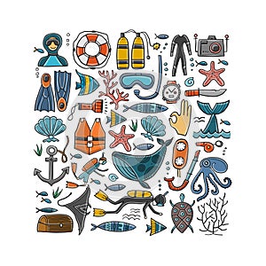 Scuba Diving icons set. Underwater activity design elements. Summer vacation concept, marine icons. Diving equipment