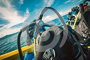 Scuba diving kit set on the boat, ready for dive