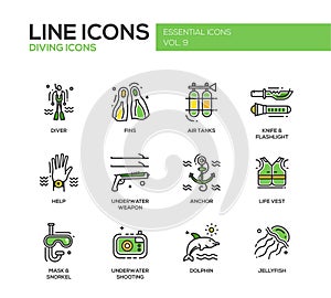 Scuba Diving line design icons set