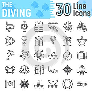 Scuba diving line icon set, underwater symbols