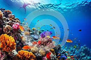 Scuba diving man exploring a breathtaking coral reef teeming with vibrant marine life, offering a captivating glimpse into the