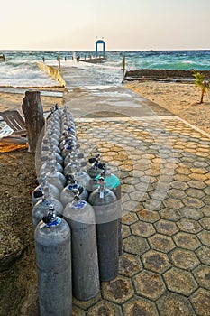 Scuba Diving Oxygen Tanks Tropical Resort Beach Caribbean Sea Cozumel Mexico