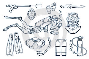 Scuba diving set. Diving equipment. Diver with scuba . Scuba-diving. Vector diver character. Diver helmet.