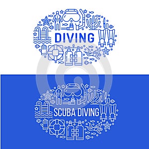 Scuba diving, snorkeling banner illustration. Water sport vector flat line icons, summer activity. Spearfishing