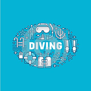 Scuba diving, snorkeling banner illustration. Water sport vector flat line icons, summer activity. Spearfishing