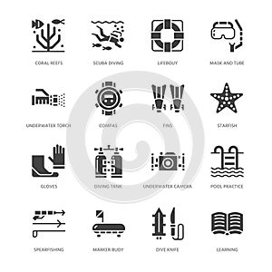 Scuba diving, snorkeling flat glyph icons. Spearfishing equipment - mask tube, flippers, swim suit, diver. Water sport