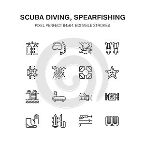 Scuba diving, snorkeling line icons. Spearfishing equipment - mask tube, flippers, swim suit, diver. Water sport, summer