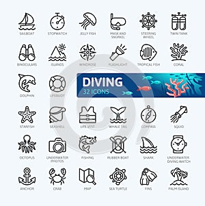 Scuba Diving and Snorkeling - minimal thin line web icon set. Outline icons collection