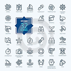 Scuba Diving and Snorkeling - minimal thin line web icon set. Outline icons collection