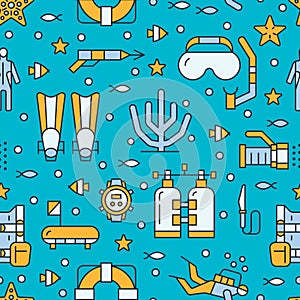 Scuba diving, snorkeling seamless pattern, water sport vector blue background. Summer activity cute repeated wallpaper