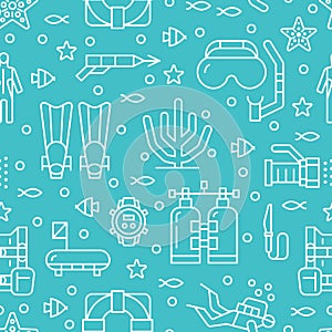 Scuba diving, snorkeling seamless pattern, water sport vector blue background. Summer activity cute repeated wallpaper