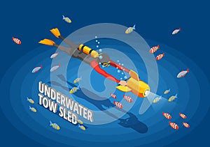 Scuba diving snorkelling isometric composition with human character in wet suit with spotlight and cumbersome text vector