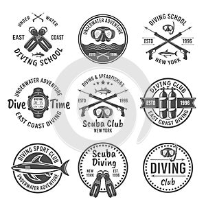 Scuba diving and spearfishing vector black emblems