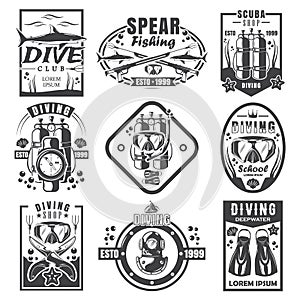 Scuba diving and spearfishing vintage logo set, vector monochrome illustration