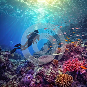 Scuba diving.Underwater scene beautiful sea life. scuba diver
