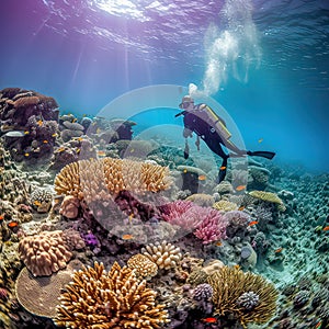 Scuba diving.Underwater scene beautiful sea life. scuba diver