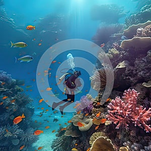 Scuba diving.Underwater scene beautiful sea life. scuba diver