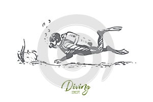 Scuba, diving, underwater, sport, sea concept. Hand drawn isolated vector.