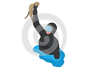 Scuba diving vector illustration. Swimming diver holding an octopus in hand isolated cartoon style