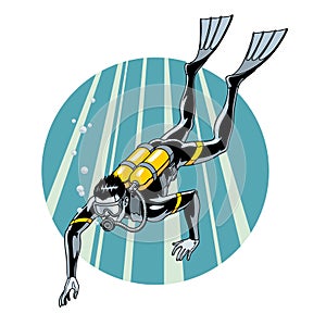 Scuba diving vector illustration. Swimming diver in wetsuit, mask, flippers and equipment for breathing on back