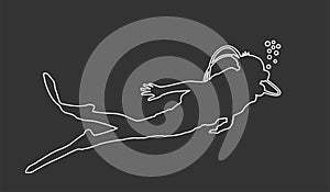 Scuba diving vector line contour isolated on black background. Sport underwater, lake, sea, glove and flashlight, mask...