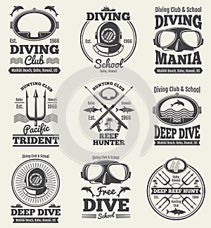 Scuba diving vintage vector labels. Spearfishing retro seal