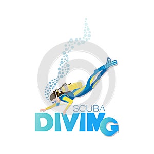 SCUBA DIVING. Young woman in a diving suit and fins swimming underwater with an aqualung. Poster with an image on on a white backg