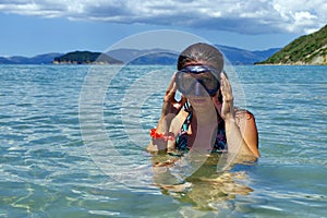 Summer, holiday, water, fun. Seascape. Scuba diving in Ionian Sea - Zakynthos Island, landmark attraction in Greece photo