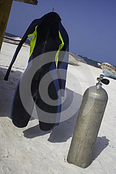 Scuba gear by fishing boats near the Caribbean sea