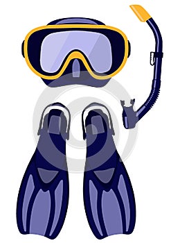 Scuba mask and snorkel, diving flippers isolated on white background, illustration.