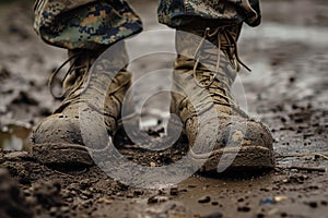 Scuffed Army boots dirty. Generate Ai photo