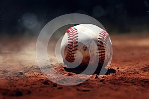 Scuffed baseball resting on dusty pitcher\'s mound