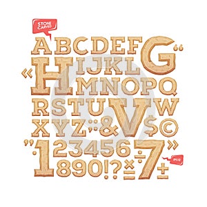 Sculpted alphabet. Stone carved letters, numbers and typeface symbols.