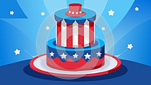 A sculpted cake in the shape of Uncle Sams top hat adorned with a cascade of red white and blue fondant stars stands