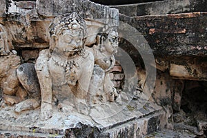 sculpted divinities in a ruined buddhist temple (wat mahathat) in sukhothai (thailand)