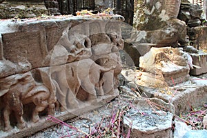 sculpted lintel in a ruined Khmer Hindu temple complex (vat phou or vat phu) - laos photo