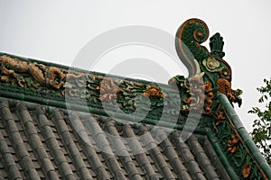 sculpted ridgepole in a buddhist monastery (shuanglin) closed to pingyao (china)