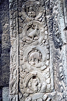 Sculpted stone depicting a dinosaur at the ancient Ta Prohm temple at Angkor Wat.