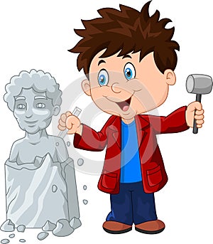 Sculptor boy holding chisel and hammer photo