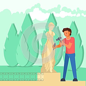 Sculptor carving woman sculpture vector flat illustration