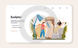 Sculptor web banner or landing page. Creating sculpture of the marble