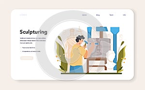 Sculptor web banner or landing page. Creating sculpture of the marble