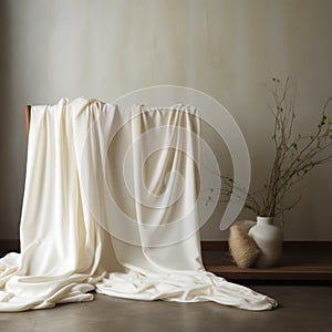 Sculptural Alchemy: A Dreamy White Cloth On Wooden Table photo